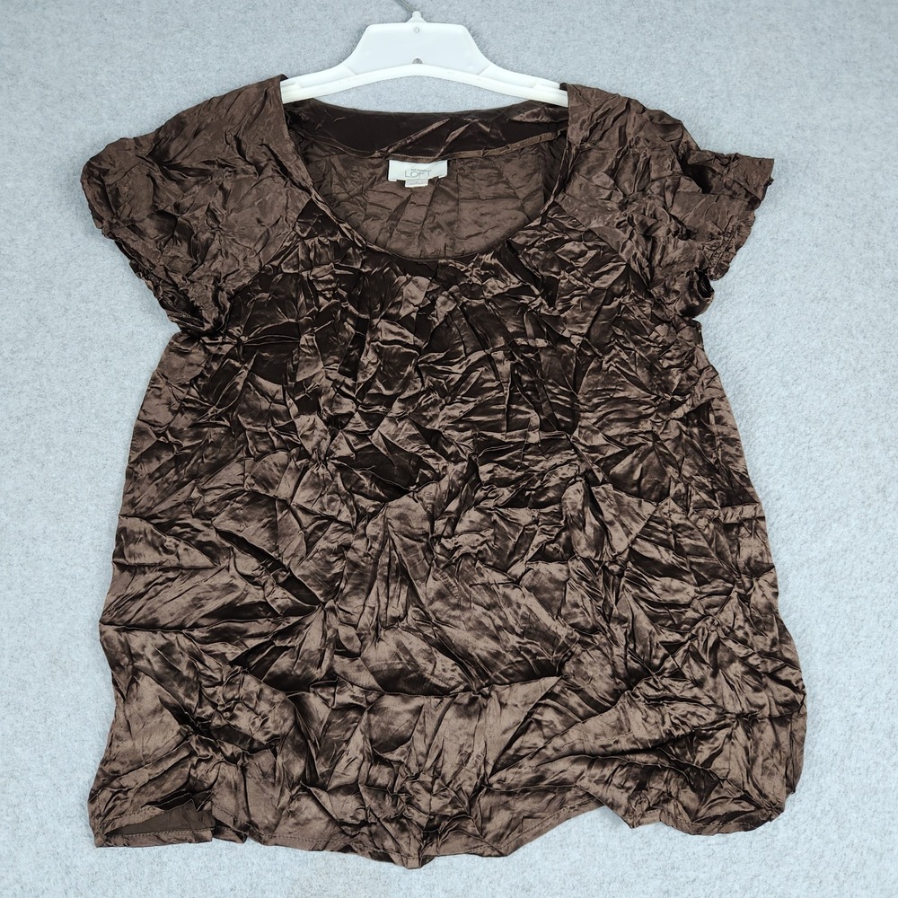 LOFT Ann Taylor Crinkled Blouse Top Womens Small Brown Scoop Neck Pullover